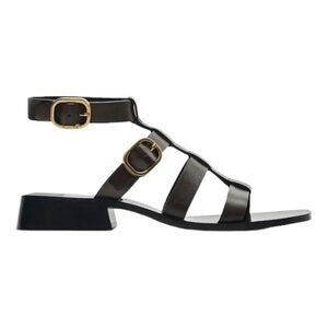 Massimo Dutti Black Strappy Gold-Buckle Low Block Sandals